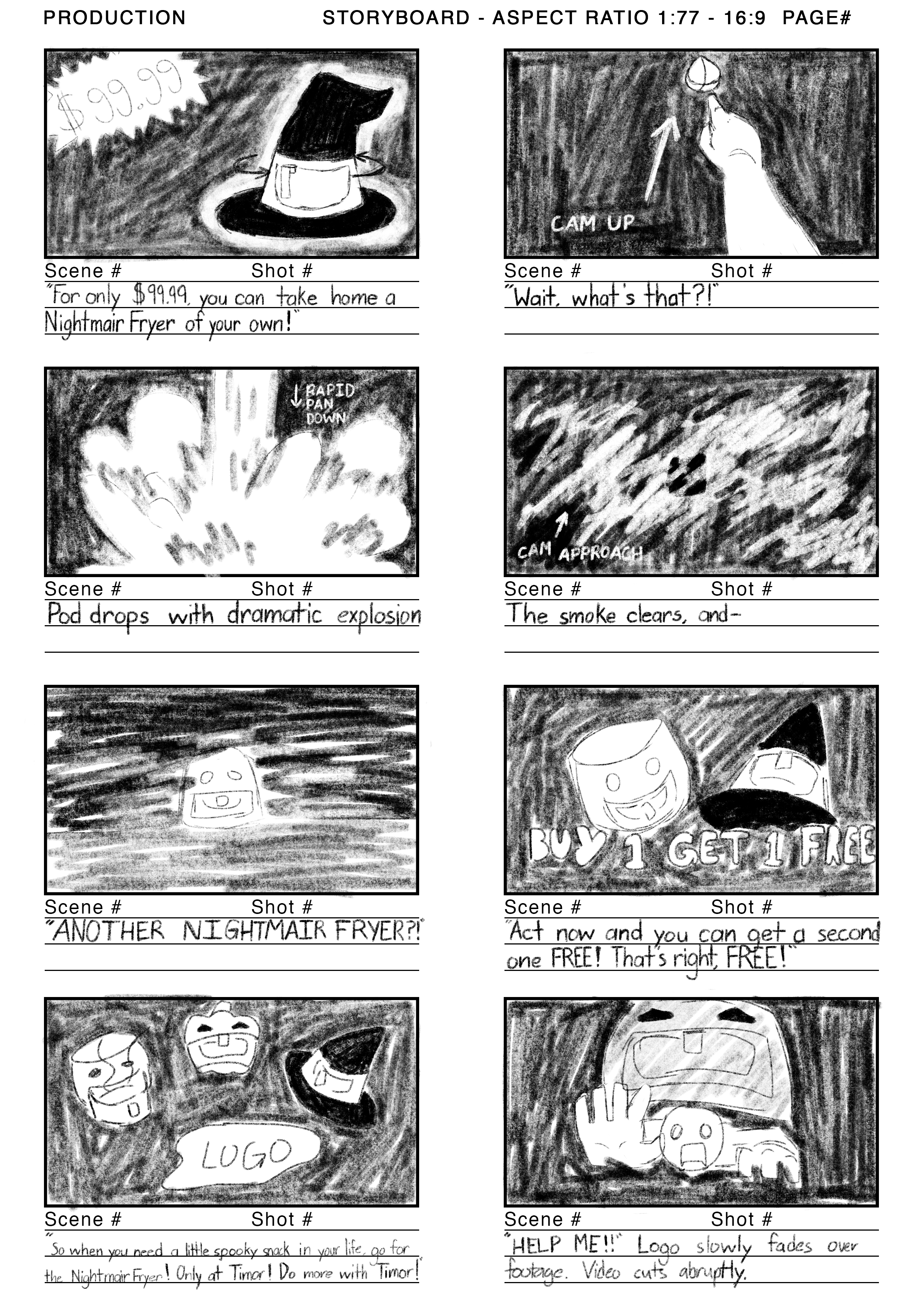 Nightm-air Fryer Commercial Storyboards (2025). Eight storyboard panels showing part of a commercial.